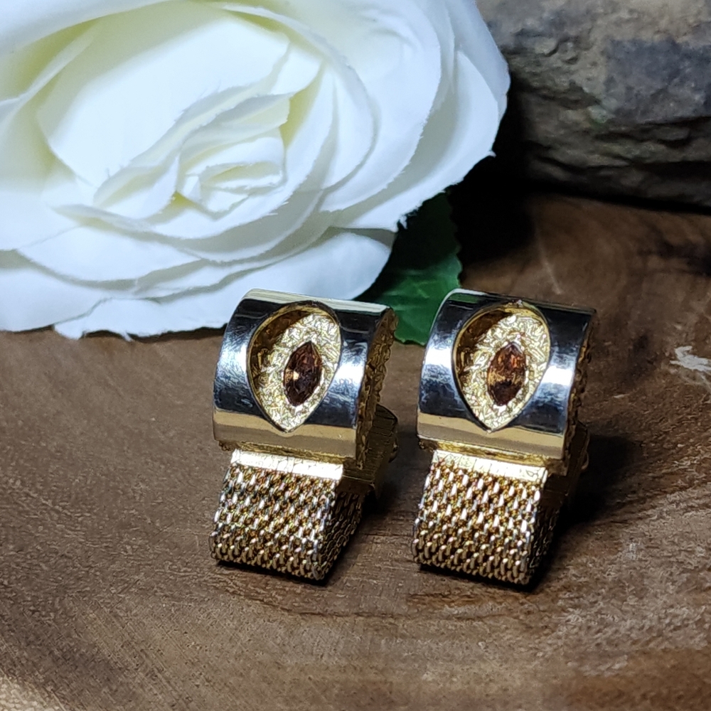 Vintage RARE Gold Tone Mesh Wrap Cufflinks Faux Topaz Citrine Colored Gemstones